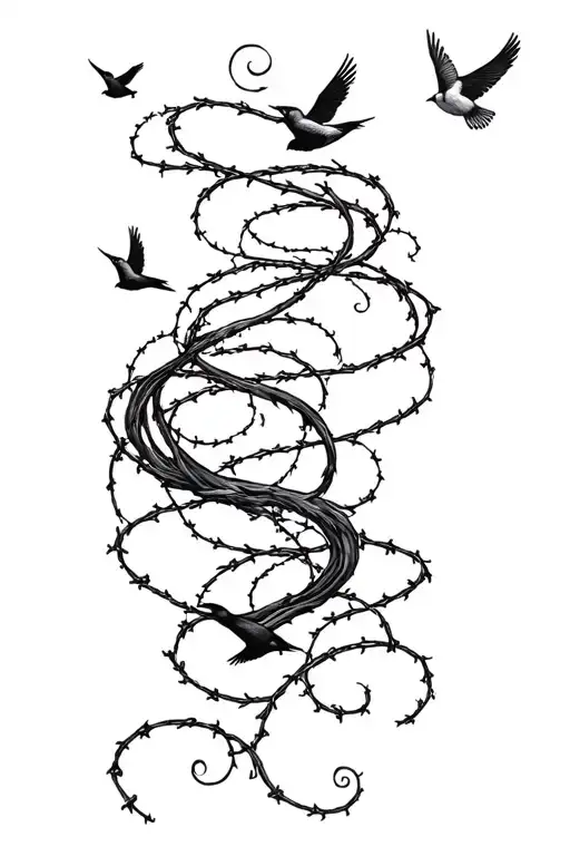 Feminine Whimsical Barbwire And Swirly Tendrils With Several Swallows Intertwined Flying Up