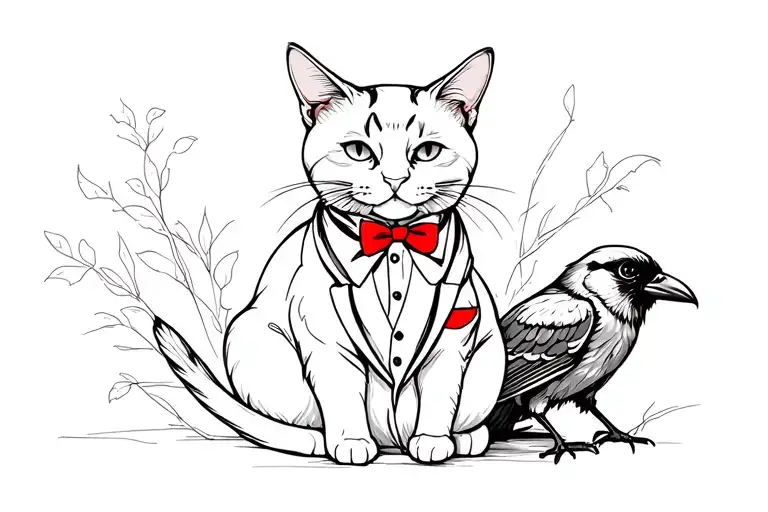 Tuxedo Cat With Red Bow Tie Sitting With A Crow