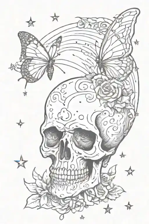 Galaxy Background With Moon And Stars And A Skull With A Butterfly On It