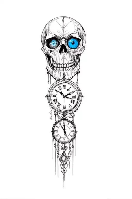A Skull With A Blue Eye And A Clock Hands