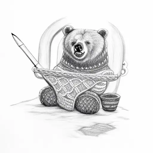 A Whimsical Sketch Of A Bear Knitting A Cozy Sweater While Sitting On A Porch In The Woods