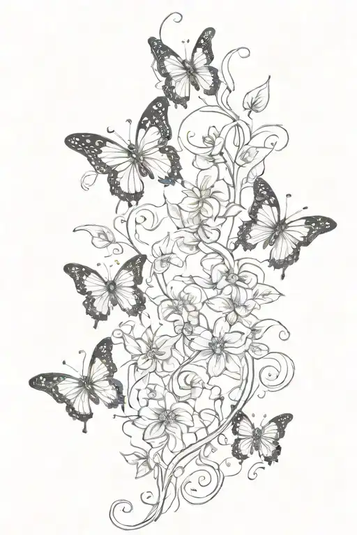 Vines With Flowers And 6 Butterflies Flying And 5 Butterflies Surrounding The Vines