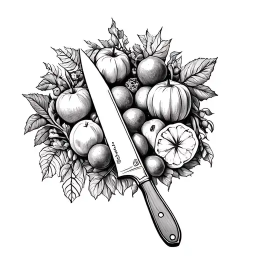 Chef Knife Outline Filled With Fruits And Vegetables