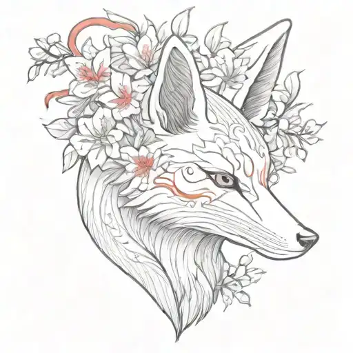 Side Profile Kitsune Mask Cherry Blossoms Red Spider Lily And A Japanese Kanji Of The Fox