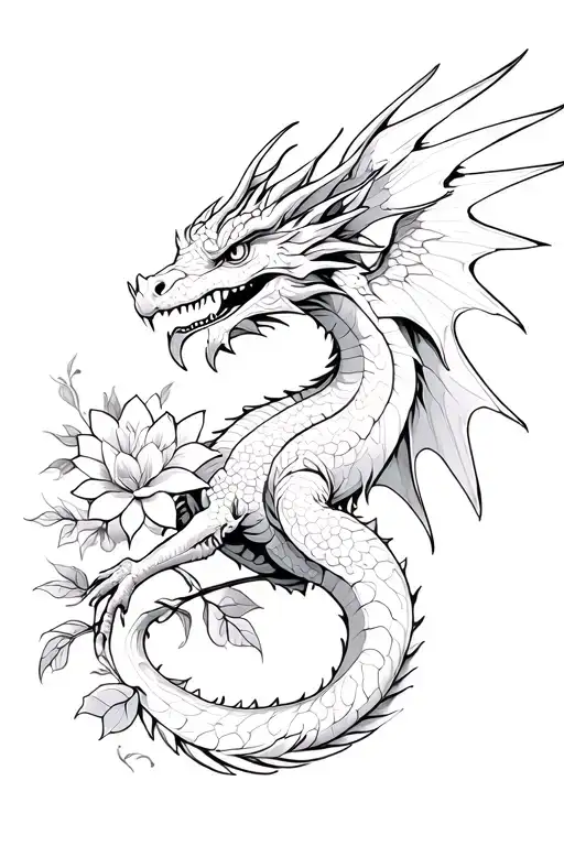 A Dragon With Wings And Flowers In The Background