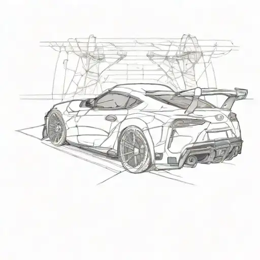 Side Of Toyota Supra Drawing In Style Of Vitruvian Man