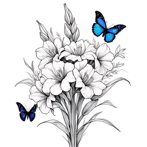 Gladiolus Flowers And Butterflies Surrounding