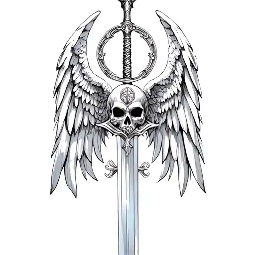 St Michael Sword One Angel Wing And Skull