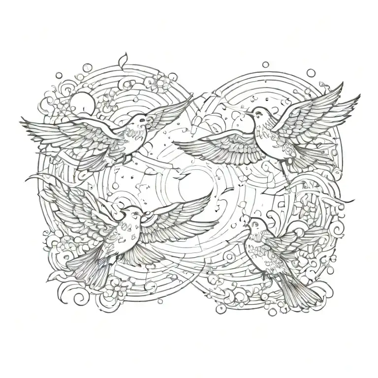 Two Small Birds Flying Toward A Sun With Wispy Wind Or Nature Elements Throughout