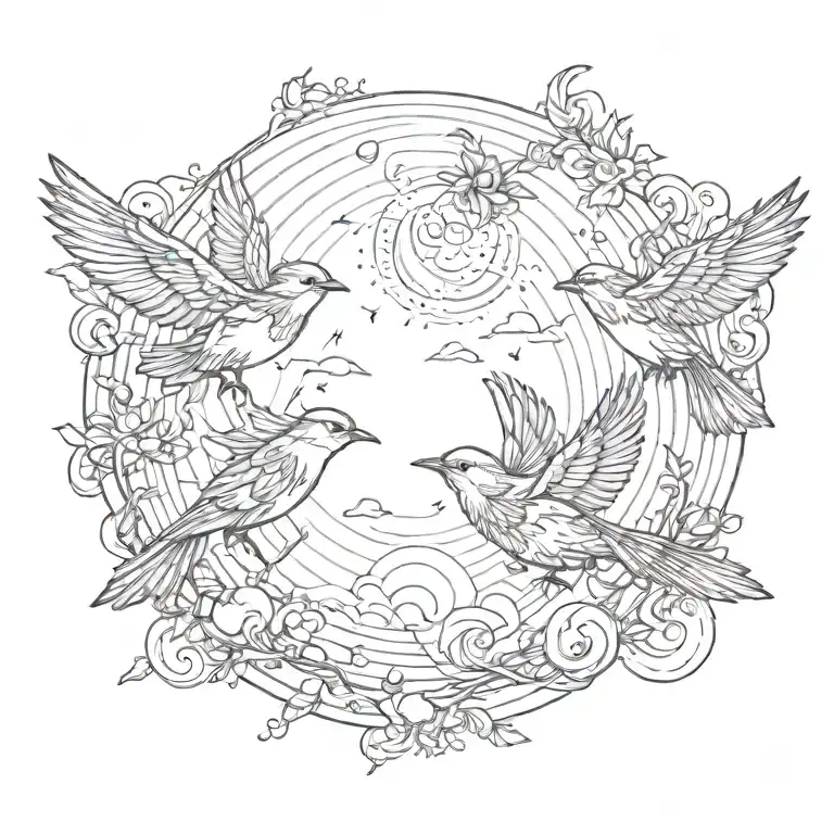 Two Small Birds Flying Toward A Sun With Wispy Wind Or Nature Elements Throughout