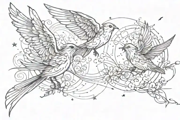 Two Small Birds Flying Toward A Sun With Wispy Wind Or Nature Elements Throughout