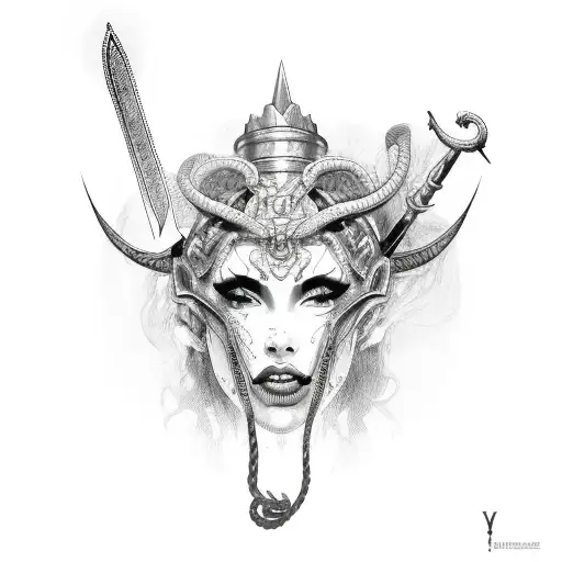 Goddess Head With A Sword Infront And 2 Snakes Wrapping The Sword