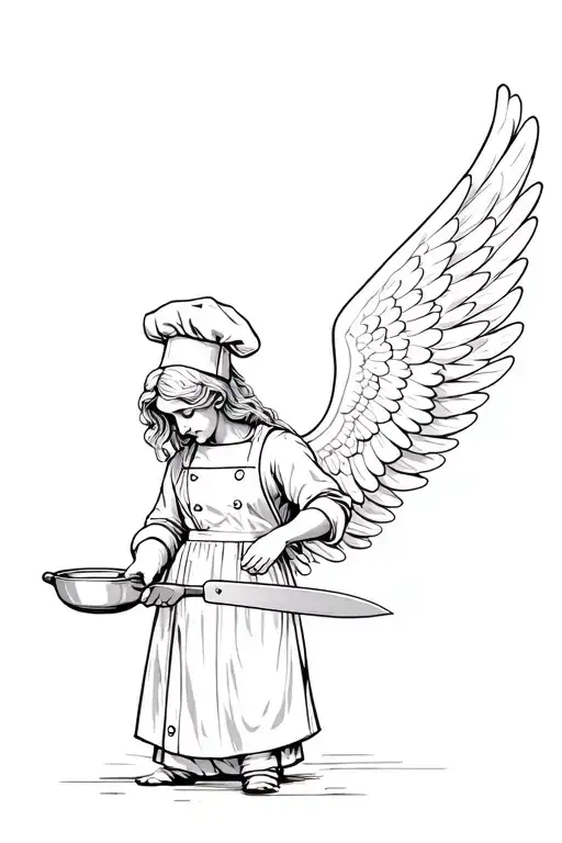 An Angel Sideway With Wings Holding A Chefs Knife And Pan While Looking Down