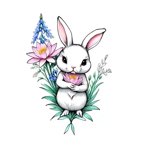 A Tiny Bunny Holding Larkspur And Waterlily Flowers