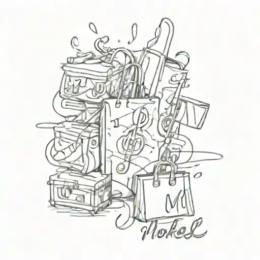 A Tattoo Of Markel's Name Intertwined With Musical Notes And Shopping Bags In A Sketch Style