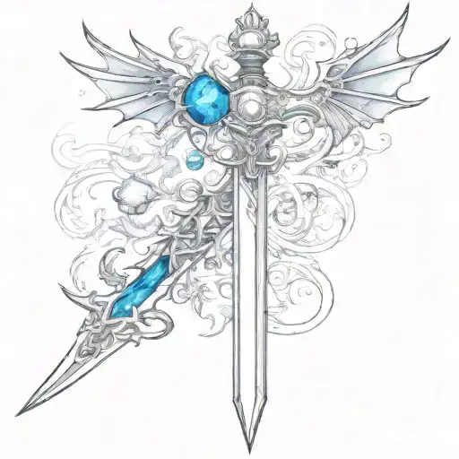 Vertical Sword With Blue Gemstone In The Hilt With Three Small Flying Dragons