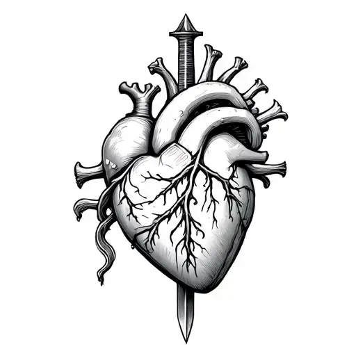 Half Of The Side Of A Cranio Pull In Half An Anatomical Heart With A Dagger Passing In Parallel