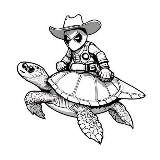Baby Deadpool With A Cowboy Hat On Riding A Sea Turtle