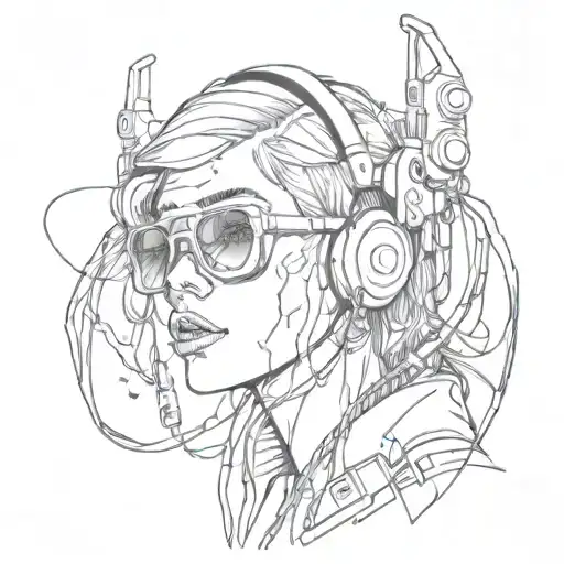 Cyberpunk Woman Tattoos Headphones Rave Music Cables Sexy Sunglasses