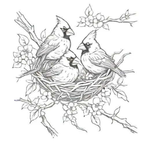 Male & Female Cardinals In A Nest With Branches & Flowers