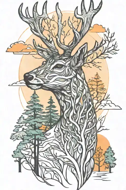 Deer Head With Trees Colors Sunset