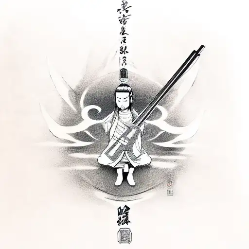 Sketch-style Yakuza Angel Playing A Shamisen