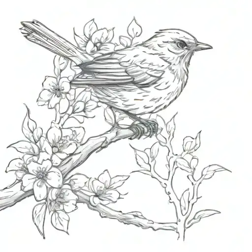 Robin On A Branch Of Purple Flowers