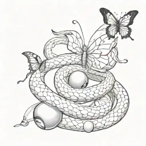 Red Snake And Butterfly Holding A Pearl Together