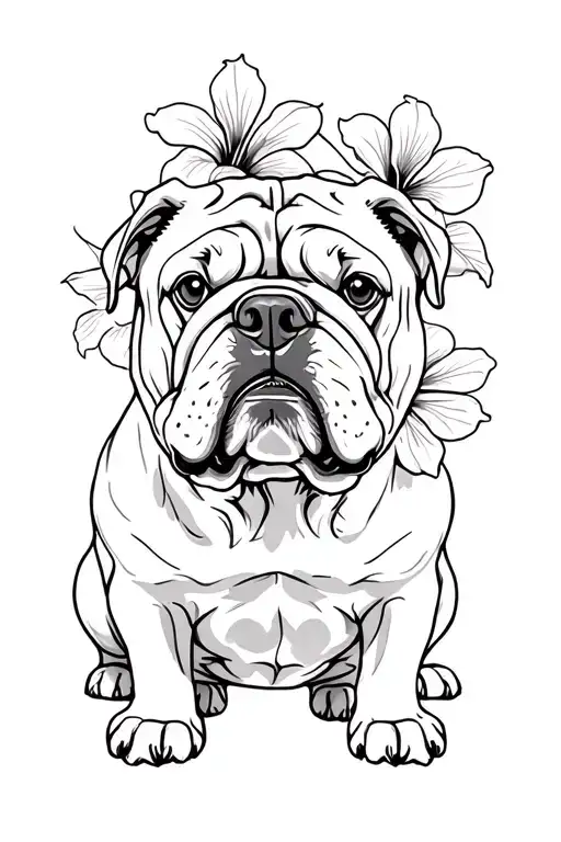 English Bulldog Mnochrome Sketch With Hibiscus Flowers