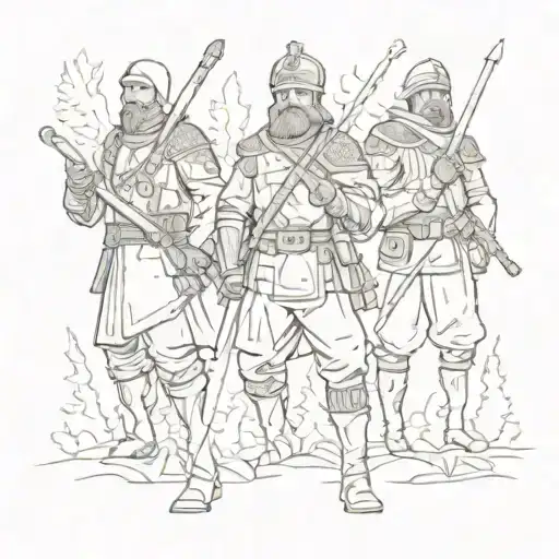 3 Russian Warriors From Different Eras Against The Backdrop Of A Forest