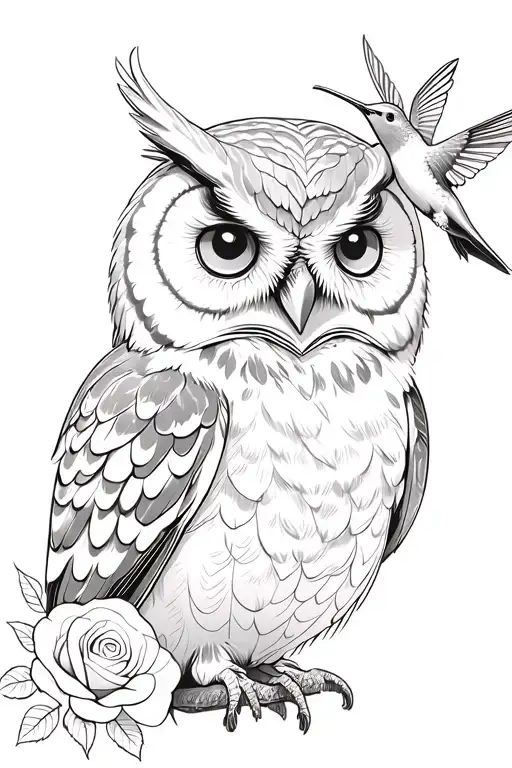 Baby Owl With Rose And Hummingbird
