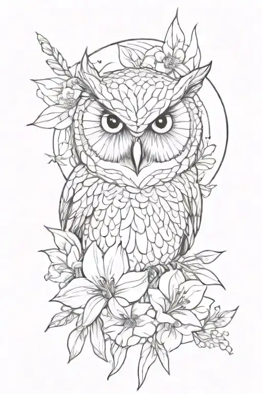 Owl Face With No Geometric Surrounded By Cosmo Flower And Gladiolus Flower