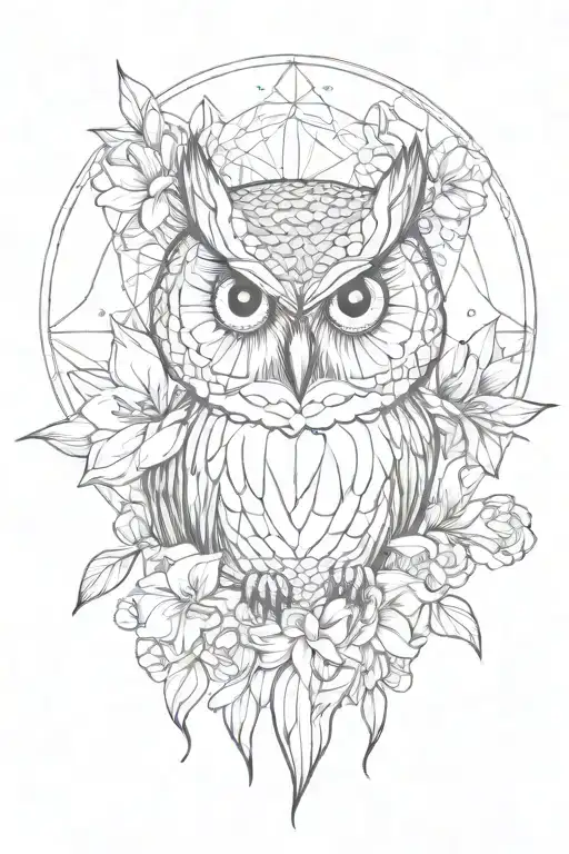 Owl Face With No Geometric Surrounded By Cosmo Flower And Gladiolus Flower