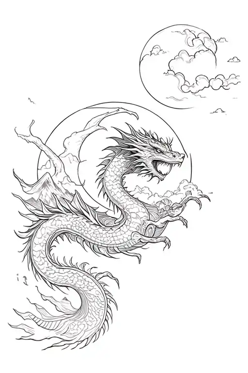 Dragon Sun Moon Mountains Sea