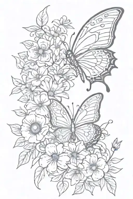 Butterfly And Flowers Thin Line Vertical