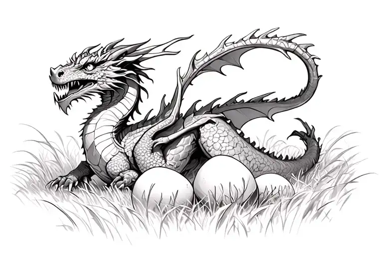 Dragon With 3 Eggs Amidst A Field
