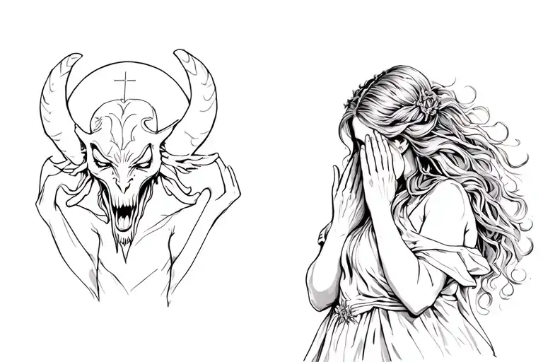 Woman Praying To God While Devil Is Creeping Behind Her Back
