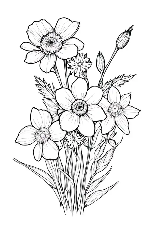 Marigold Larkspur Sweeter Pea And Daffodil Bouquet Simple Fine Line