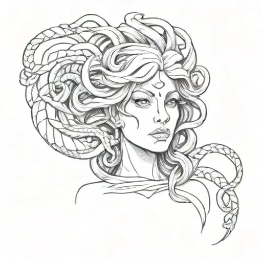 Medusa Gorgon With A Red Ribbon On Her Eyes
