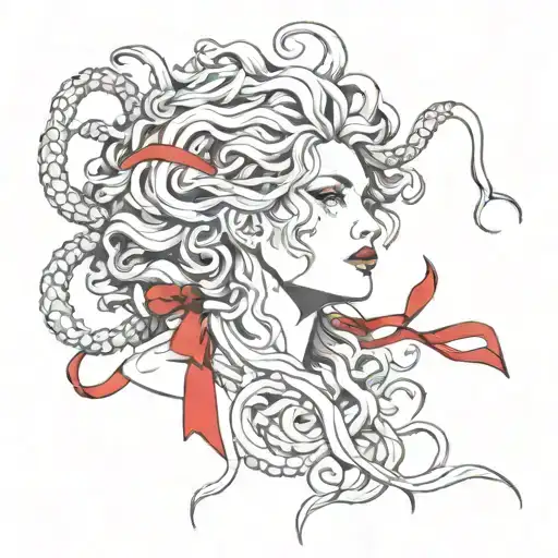 Medusa Gorgon With A Red Ribbon On Her Eyes