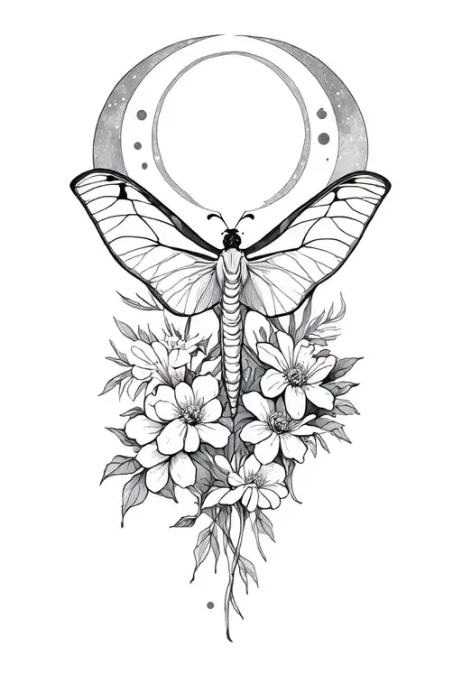 Luna Moth And Flowers And Moon Phases