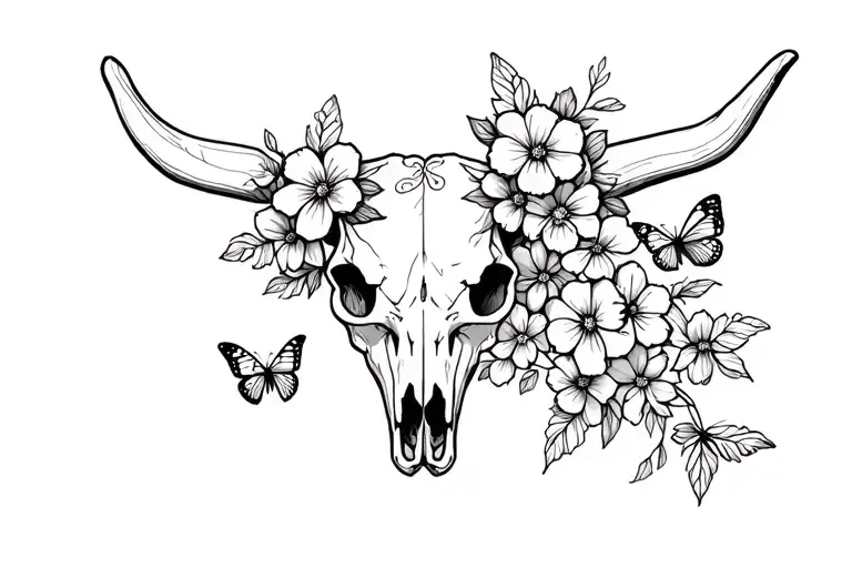 Western Cow Skull With Flowers And Butterflies