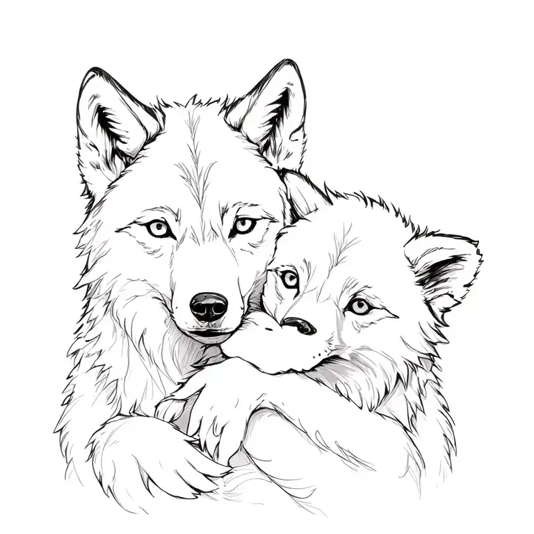 Wolf And Two Hug Cubs