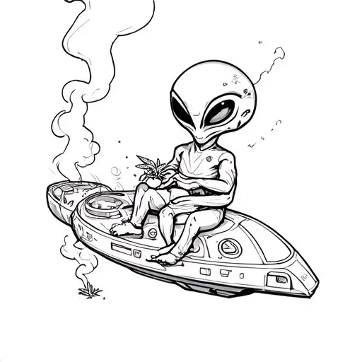 Alien In Spaceship Smoking Weed Cartoon