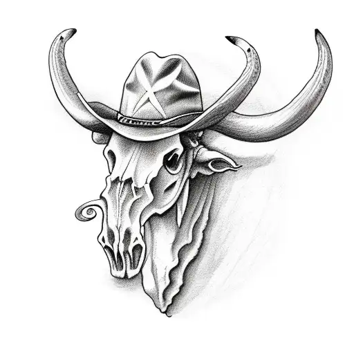 Longhorn Skull With Cowboy Hat Hanging From Horn