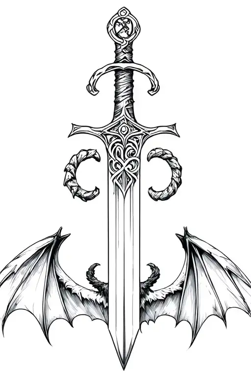 Dainty Sword With Small Ouroboros Above The Top Of The Sword And Bat Wings Beside The Sword
