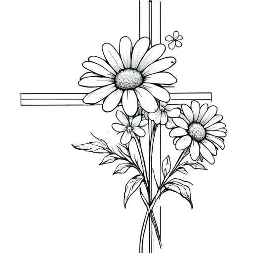 Fine Line Tatto With Daisy And Forget Me Not Flowers In Front Of Simple Cross