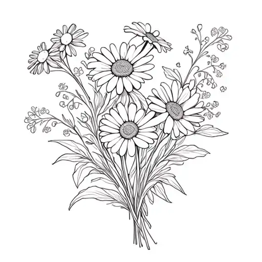 Fine Line Tatto With Daisy And Forget Me Not Flower Bouquet