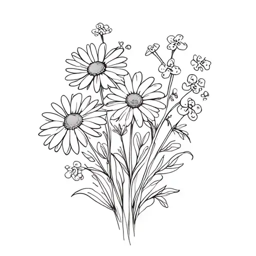 Simple Fine Line Tatto With Daisy And Forget Me Not Flower Bouquet