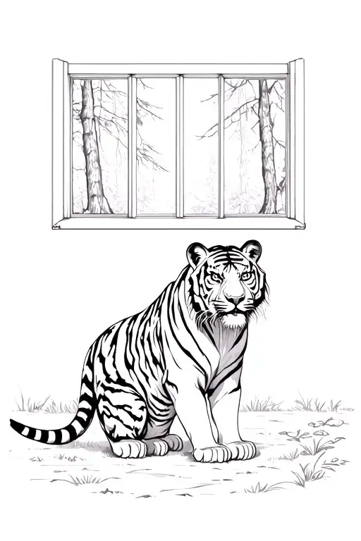 Tiger In Front Of A Window With A View Of The Forest